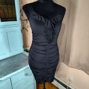Wet Seal Black Ruched Bodycon Sleeveless Ruffled V-neckline Mini Dress Small Y2K